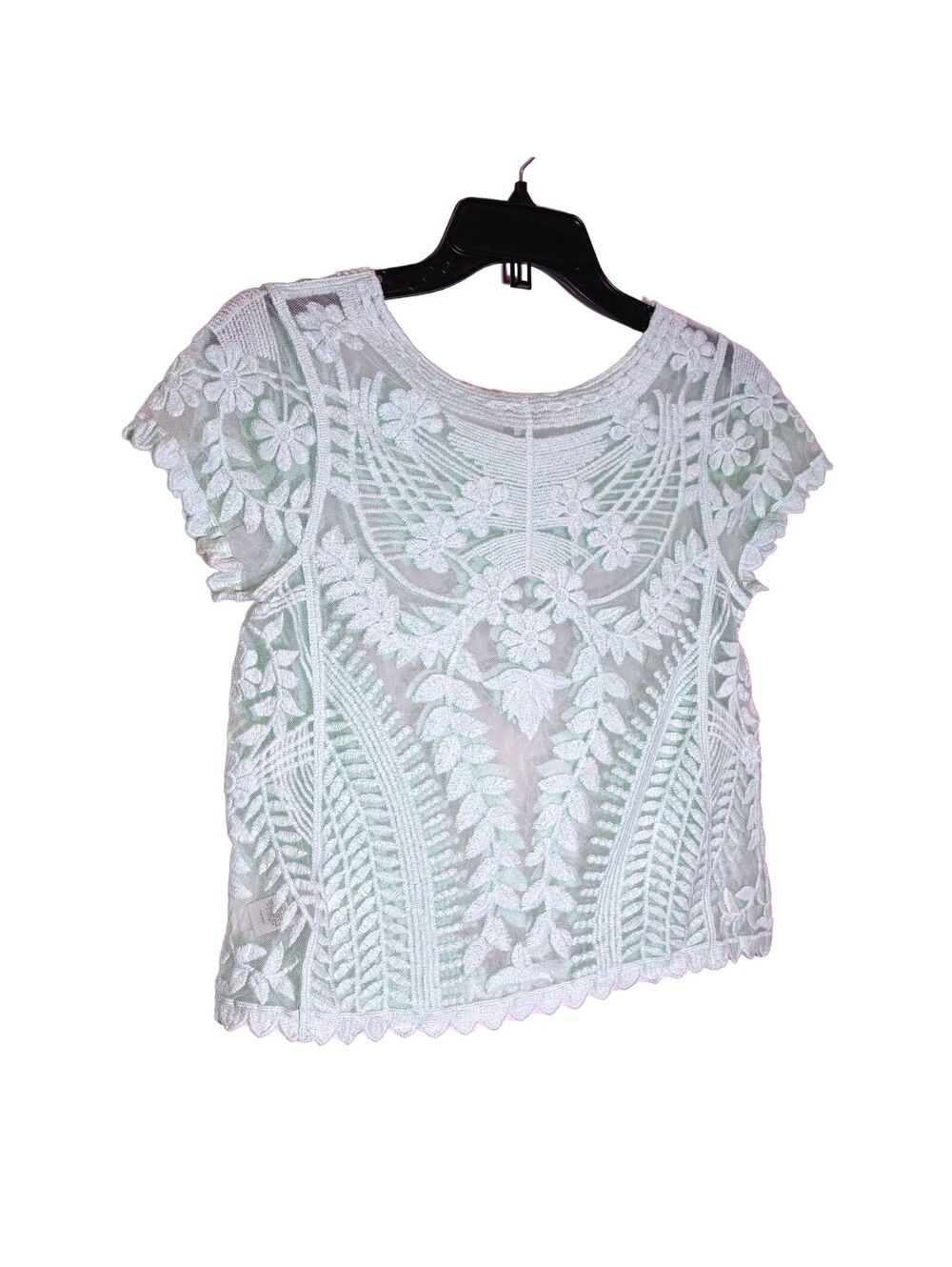 Express Lace Crop Top XS Mint Floral Embroidered Sheer Boho